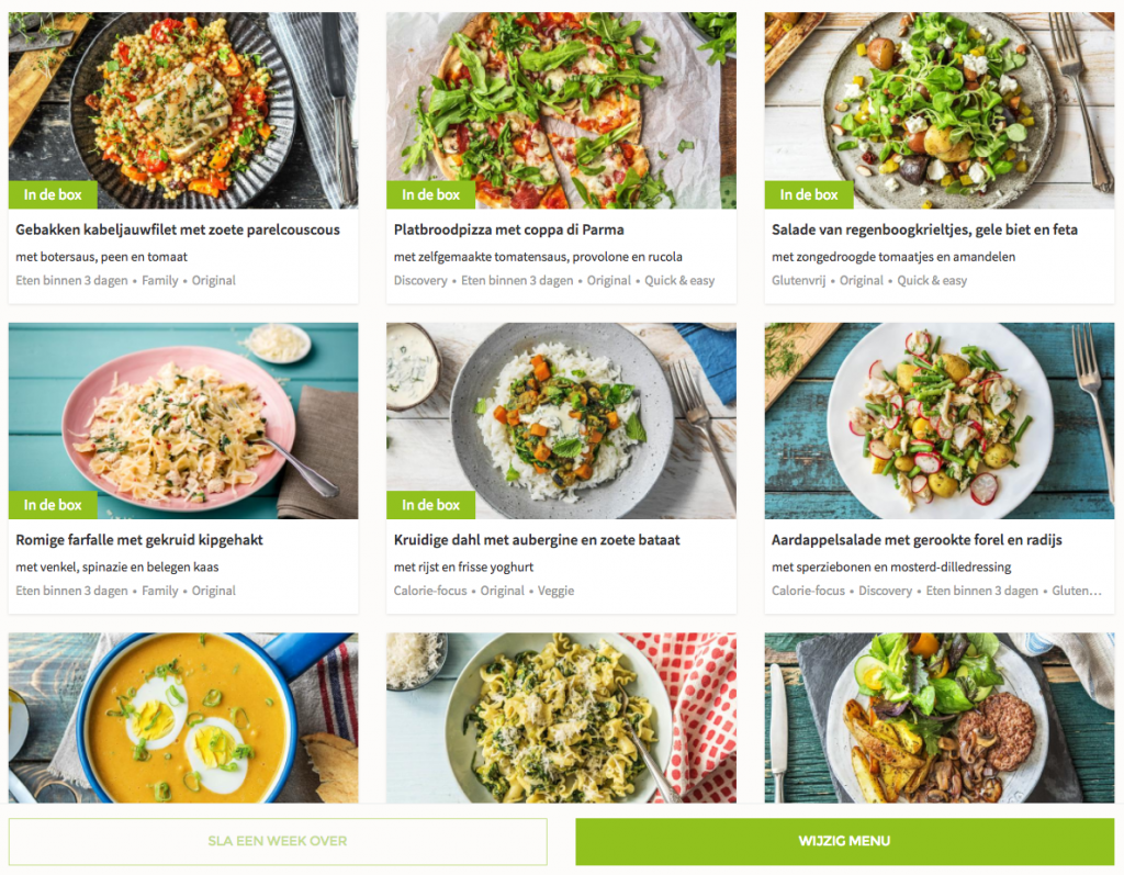 Het kiezen van maaltijden bij hellofresh
